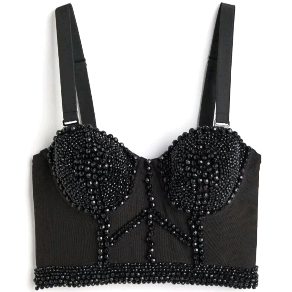 NWT H&M Circular Design Story Beaded Padded Crop Black Bustier Small